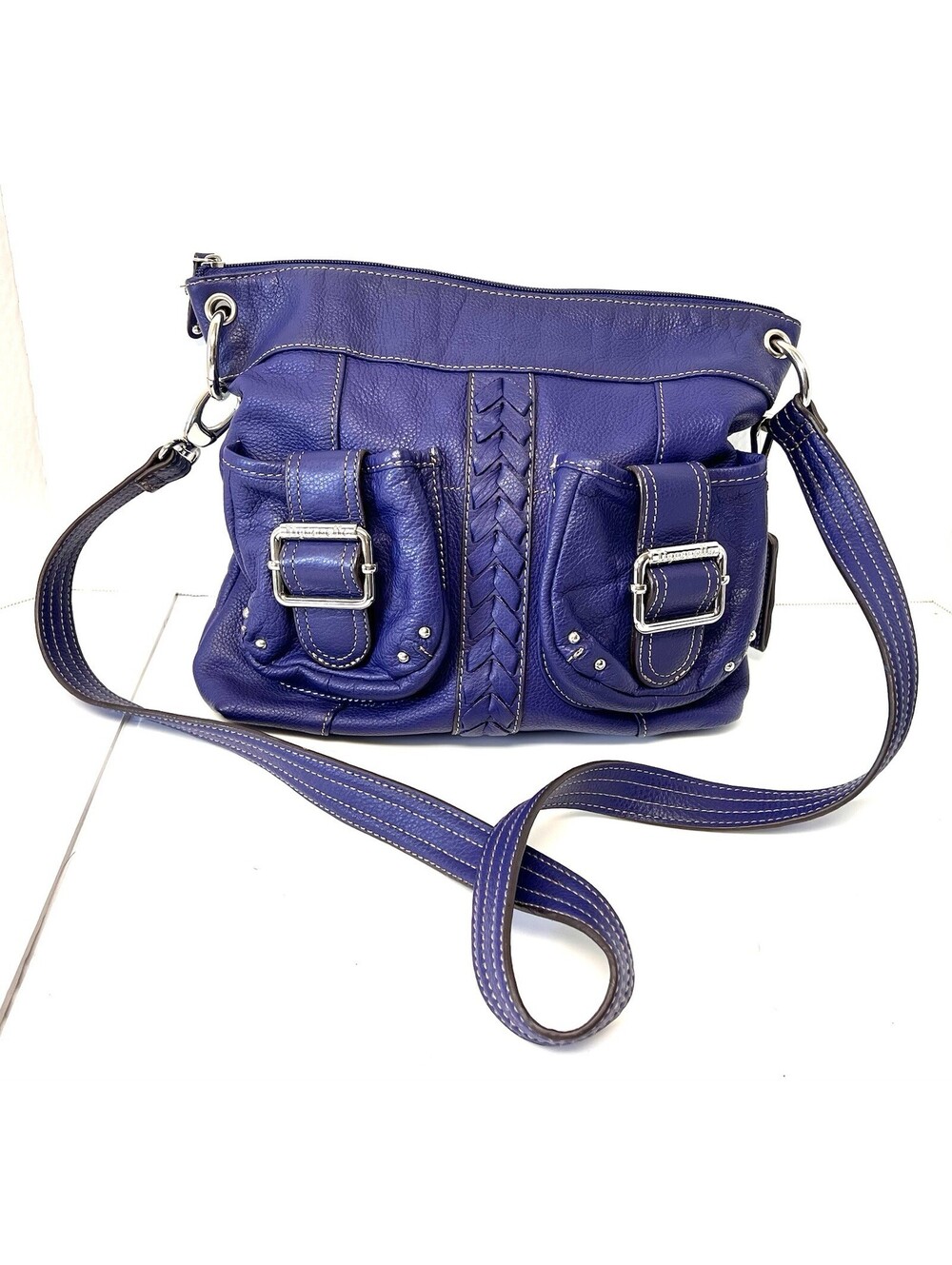 Tignanello Leather Plum Purple Convertible Crossbody Bag Shoulder Purse Gold Int